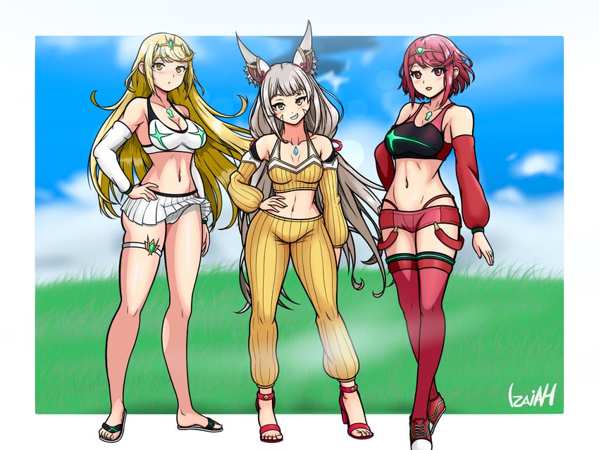 pyra, mythra, and nia (xenoblade chronicles and 1 more) drawn by izaiah