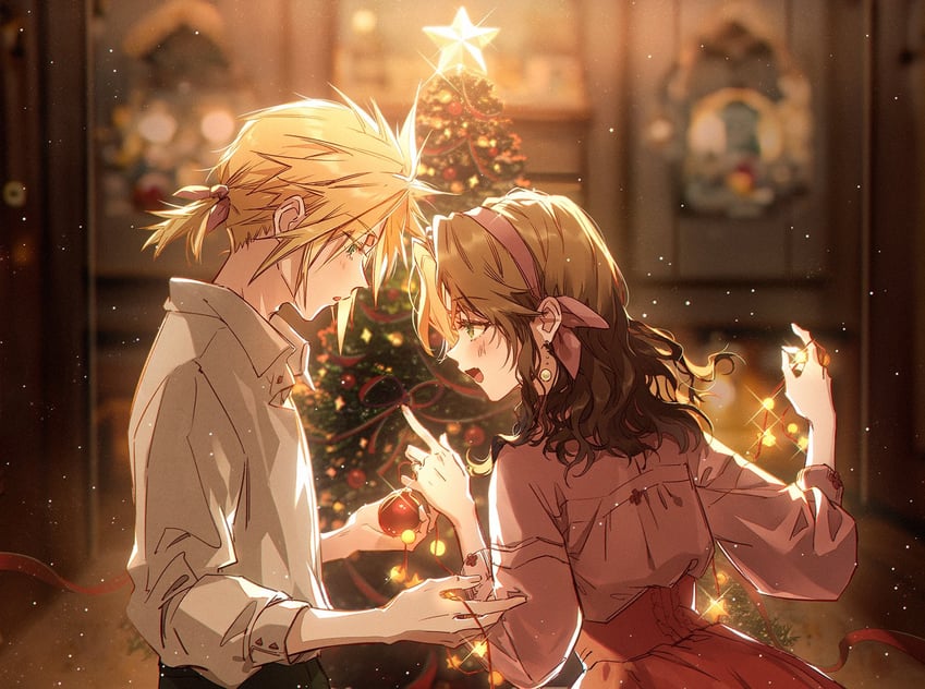 cloud strife and aerith gainsborough (final fantasy and 2 more) drawn by kieta