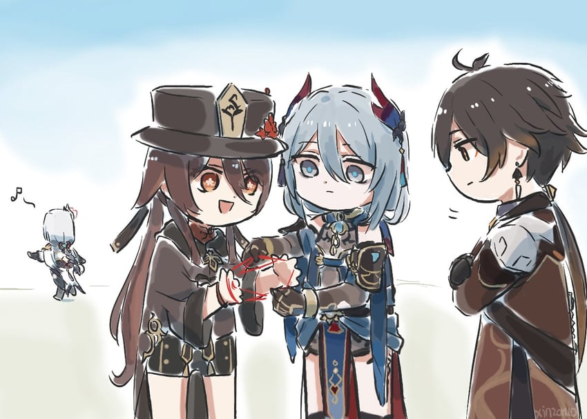 hu tao, zhongli, shenhe, and hanya (genshin impact and 3 more) drawn by xinzoruo