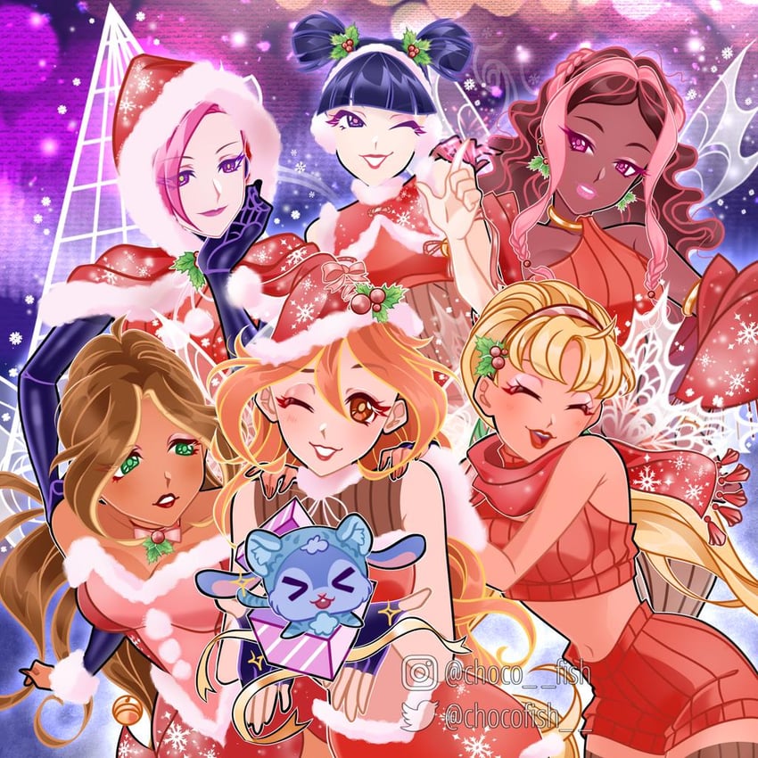 bloom, stella, flora, musa, tecna, and 2 more (winx club) drawn by chocofish
