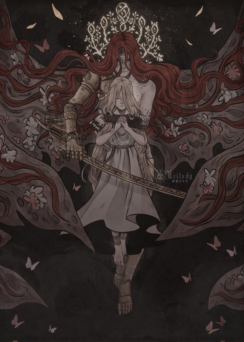 malenia blade of miquella, miquella, and malenia goddess of rot (elden ring) drawn by eviladyart