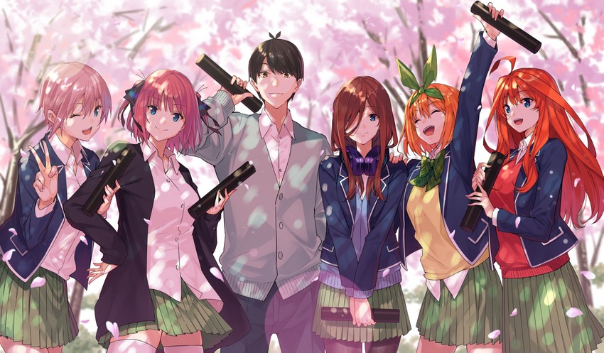nakano nino, nakano miku, nakano yotsuba, nakano ichika, nakano itsuki, and 1 more (go-toubun no hanayome) drawn by ayanon