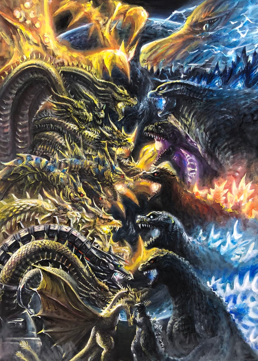 godzilla, king ghidorah, godzilla earth, keizer ghidorah, and ghidorah (godzilla and 4 more) drawn by g.n.a