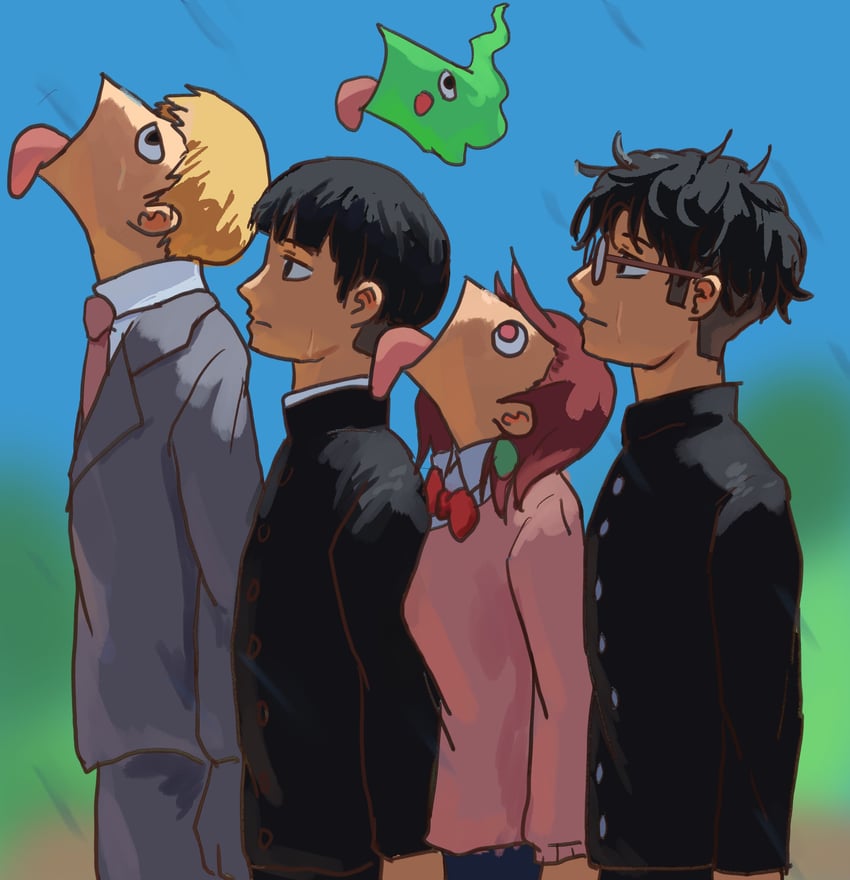 ayase momo, takakura ken, kageyama shigeo, reigen arataka, and ekubo (dandadan and 1 more) drawn by pluvion