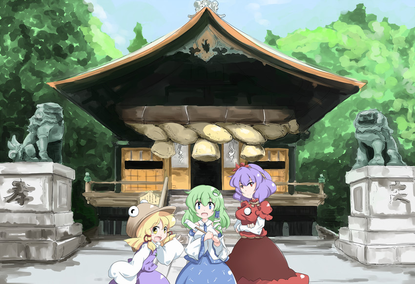 kochiya sanae, moriya suwako, and yasaka kanako (touhou) drawn by kikurage_(sugi222)