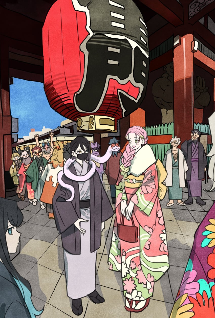 kamado nezuko, kochou shinobu, kanroji mitsuri, kamado tanjirou, rengoku kyoujurou, and 10 more (kimetsu no yaiba) drawn by takeuchi_ryousuke