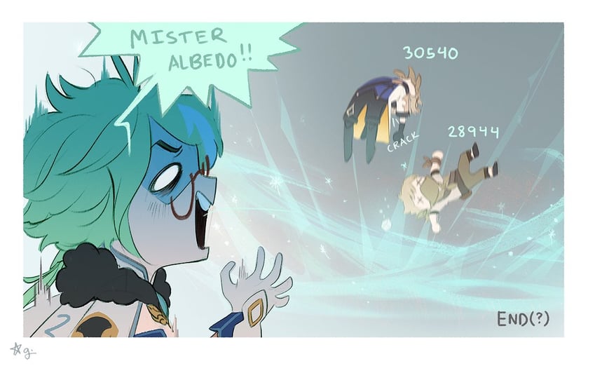 albedo, sucrose, and treasure hoarder (genshin impact) drawn by aleikats