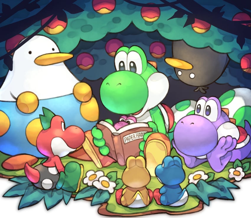 yoshi, red yoshi, yellow yoshi, mini-yoshi, blue yoshi, and 4 more (mario and 2 more) drawn by yanedx