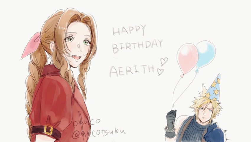 cloud strife and aerith gainsborough (final fantasy and 2 more) drawn by ancotsubu