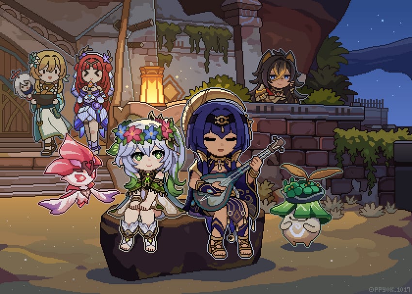 lumine, nahida, paimon, dehya, aranara, and 3 more (genshin impact) drawn by ppyok_1017