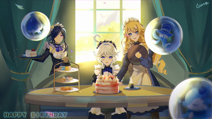 furina, clorinde, navia, surintendante chevalmarin, gentilhomme usher, and 1 more (genshin impact) drawn by qise_zhijing