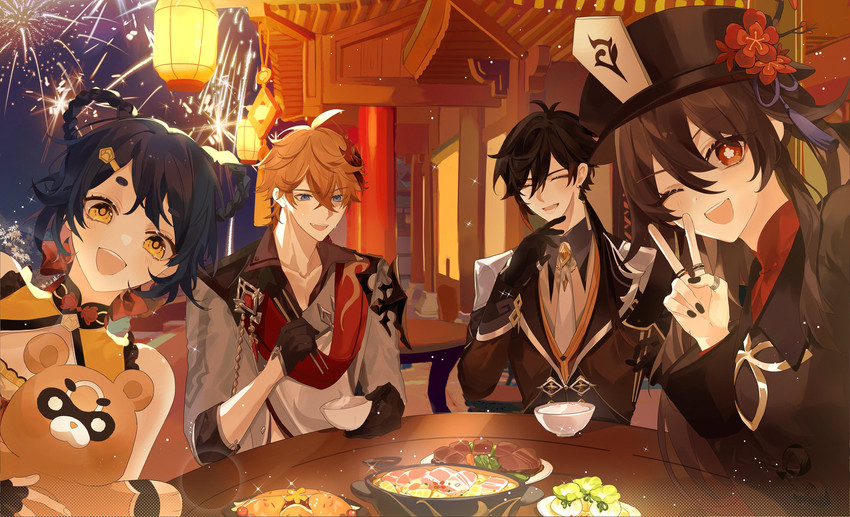 hu tao, zhongli, tartaglia, xiangling, and guoba (genshin impact) drawn by mors_gn