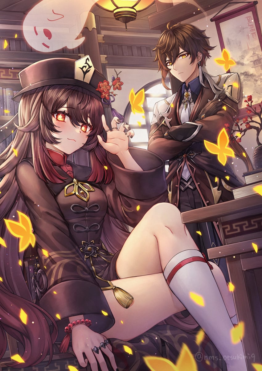hu tao, zhongli, and boo tao (genshin impact) drawn by nyamaso