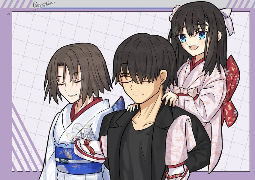 ryougi shiki, void shiki, kokutou mikiya, and ryougi mana (fate and 2 more) drawn by caravthir