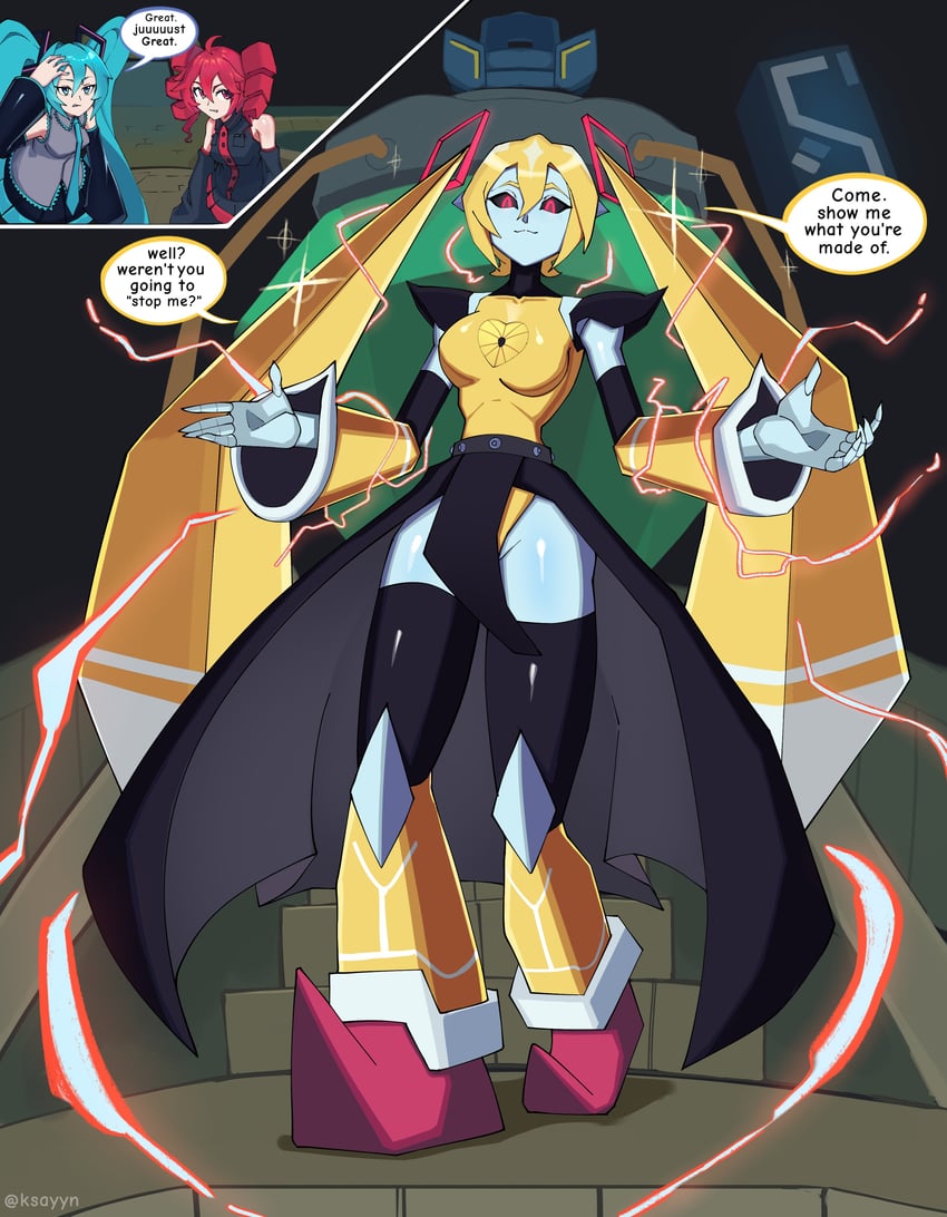 hatsune miku, kasane teto, metal sonic, neo metal sonic, and super neo metal sonic (vocaloid and 4 more) drawn by ksayyn