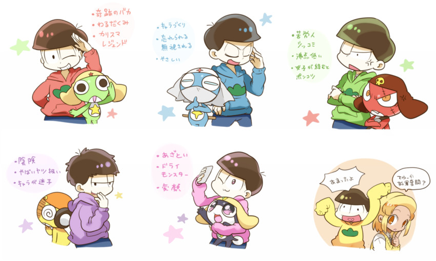 matsuno osomatsu, matsuno karamatsu, matsuno ichimatsu, matsuno jyushimatsu, matsuno choromatsu, and 7 more (osomatsu and 3 more) drawn by okamori_kuo