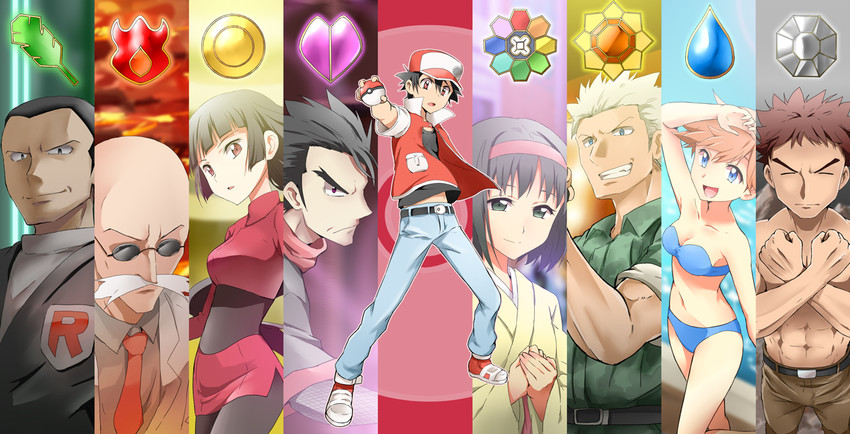 red, misty, sabrina, erika, brock, and 4 more (pokemon and 2 more) drawn by kakiuchi_itsuki