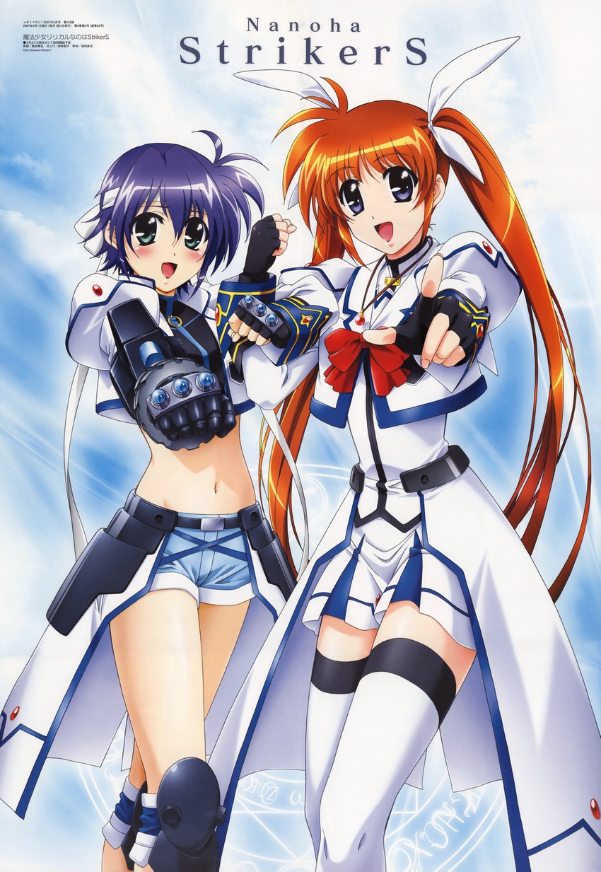 takamachi nanoha, raising heart, subaru nakajima, and revolver knuckle (lyrical nanoha and 2 more) drawn by okuda_yasuhiro