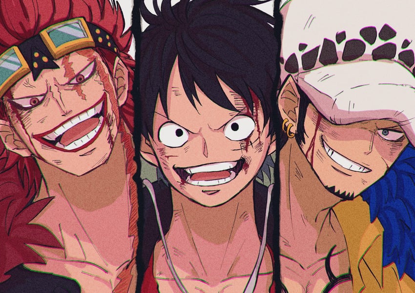 monkey d. luffy, trafalgar law, and eustass kid (one piece) drawn by koma_heron