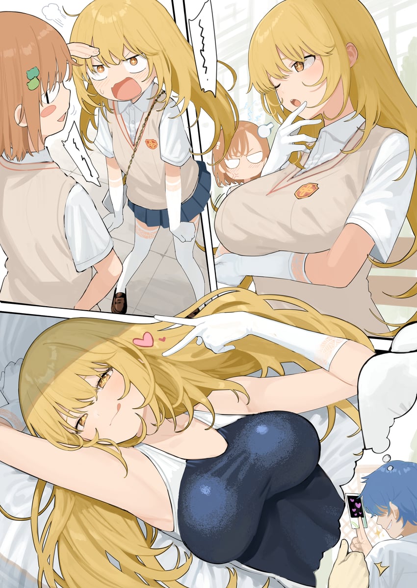 misaka mikoto, shokuhou misaki, gekota, and aogami pierce (toaru majutsu no index and 2 more) drawn by mameroku