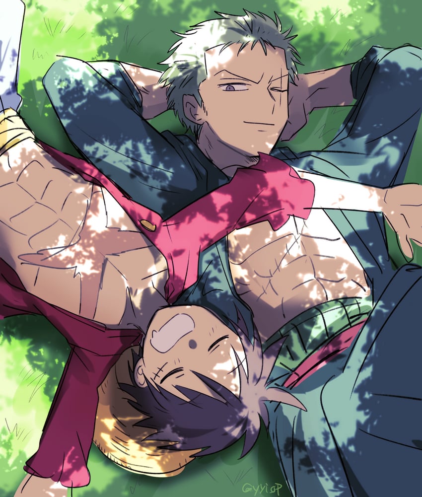 monkey d. luffy and roronoa zoro (one piece) drawn by yayoi_(yyi_op)