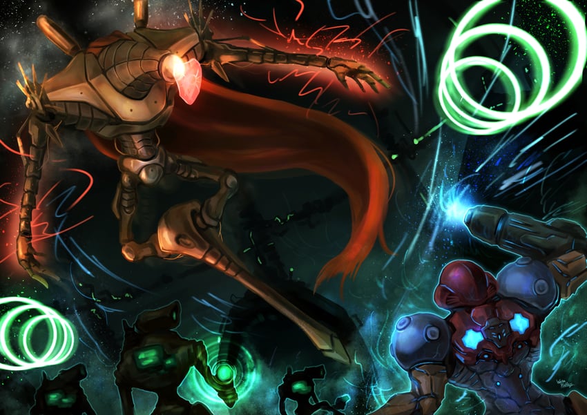 samus aran, steamlord, and steambot (metroid and 1 more) drawn by wakaba_(wata_ridley)