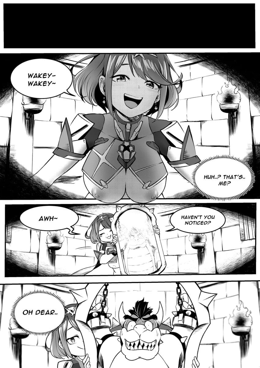 pyra and bowser (mario and 3 more) drawn by ravenhart