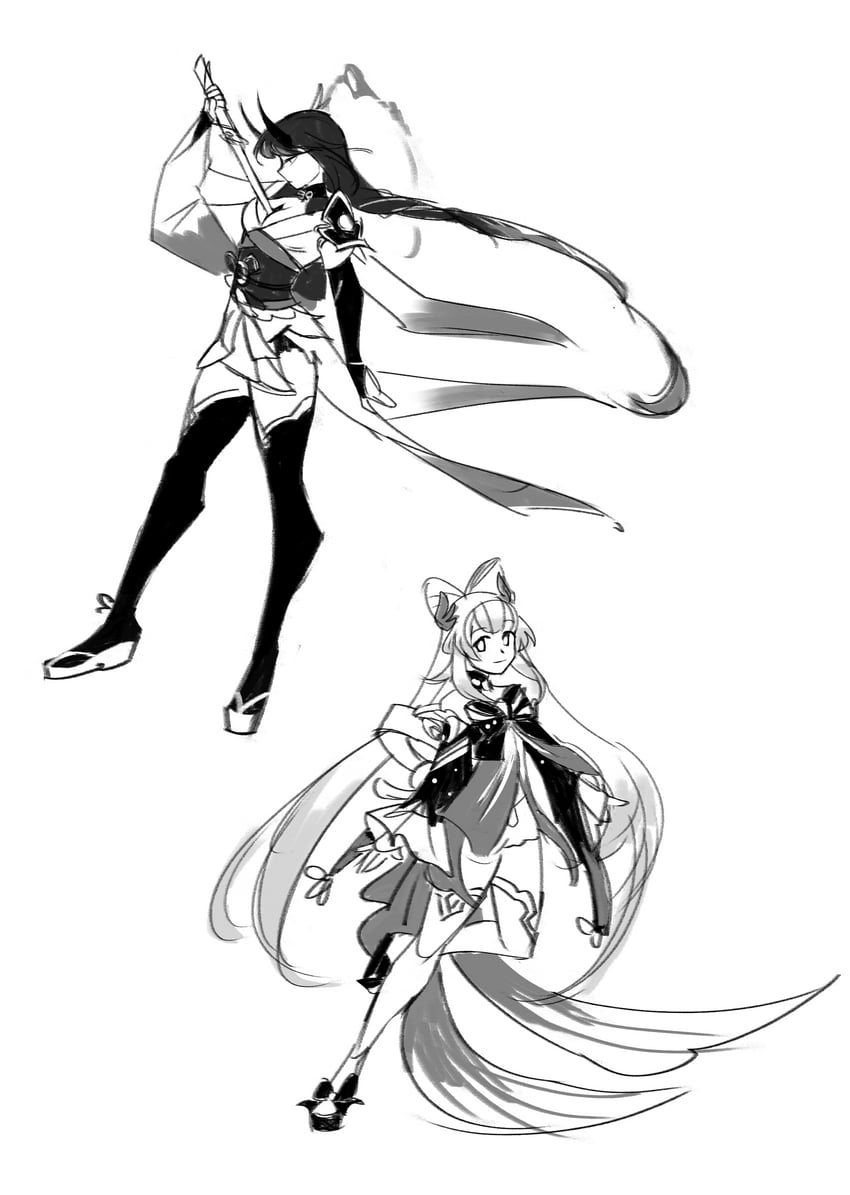 raiden shogun and sangonomiya kokomi (genshin impact) drawn by imsweeps