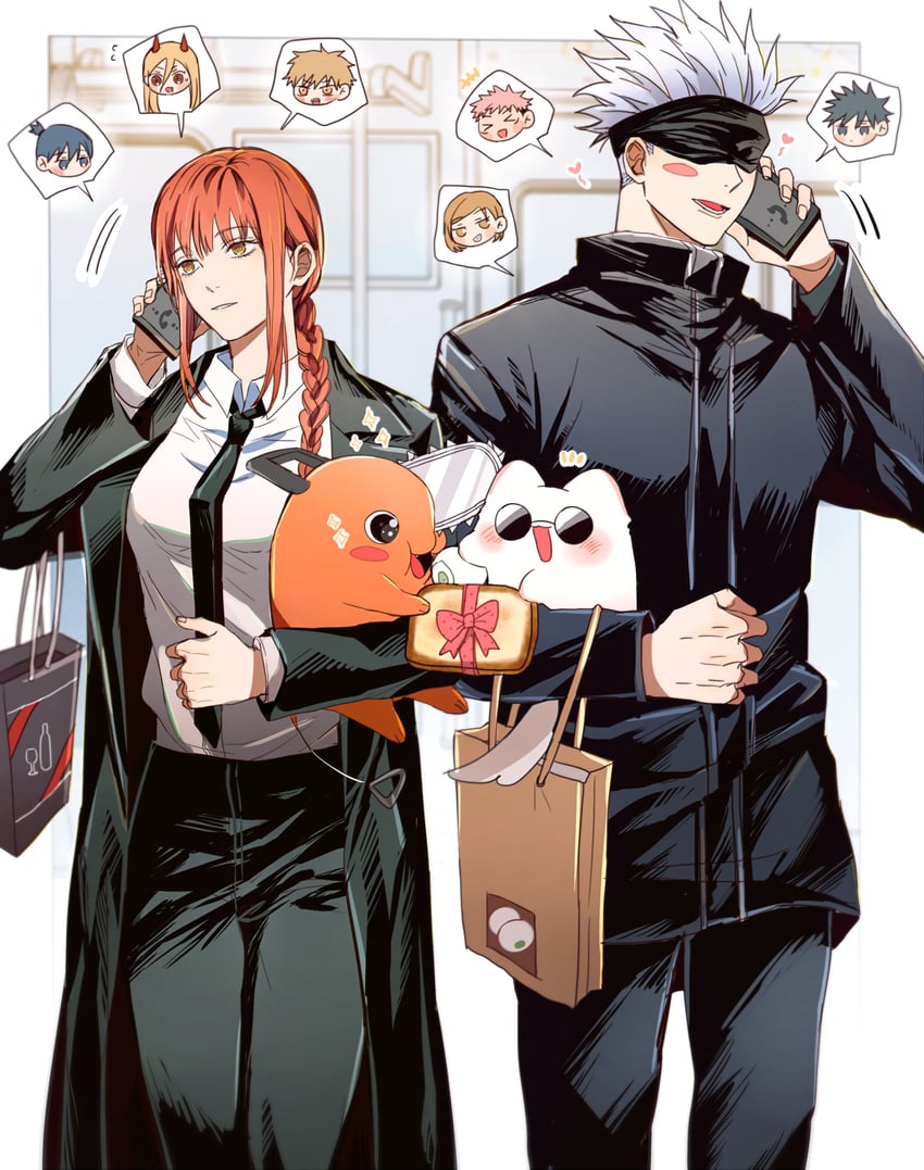 makima, power, denji, gojou satoru, itadori yuuji, and 4 more (chainsaw man and 1 more) drawn by yoon_(dmsco1803)