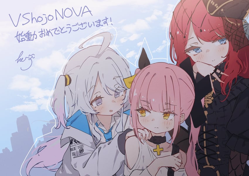 okamoto nagi, yutori peke, and akatsuki hotaru (vshojo) drawn by hoji_(hooooooooji1029)