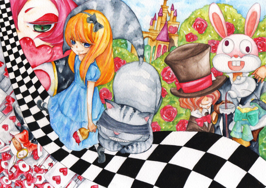 white rabbit, cheshire cat, mad hatter, and march hare (alice's adventures in wonderland) drawn by yukiyuu