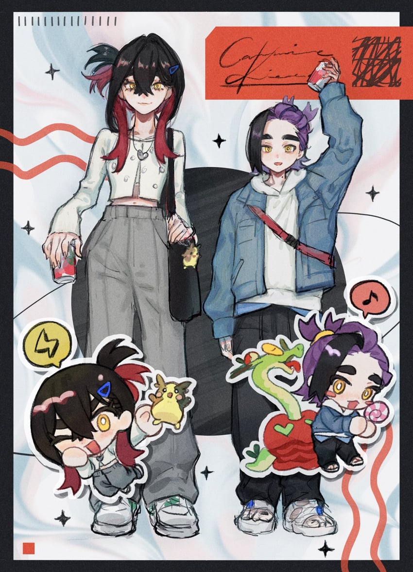 kieran, morpeko, carmine, and hydrapple (pokemon and 1 more) drawn by sasano_(fuyutomori)
