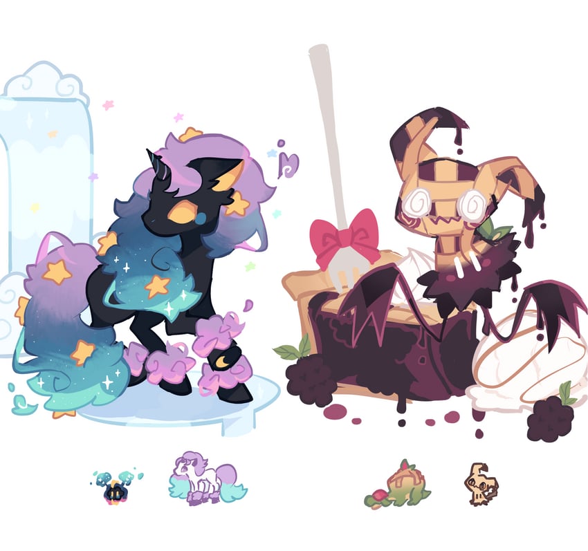 mimikyu, cosmog, galarian ponyta, and appletun (original and 1 more) drawn by charamells