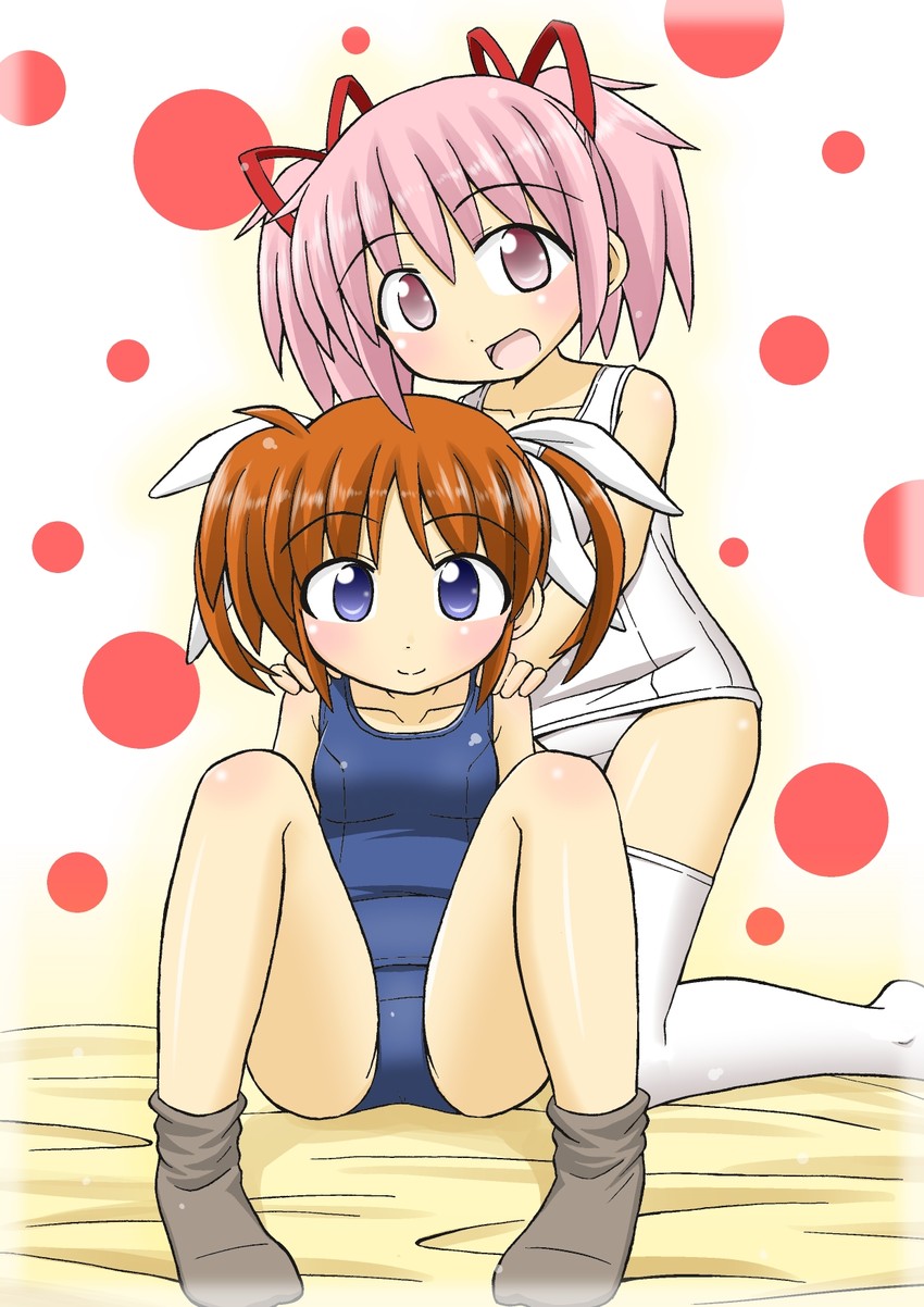 kaname madoka and takamachi nanoha (mahou shoujo madoka magica and 2 more) drawn by rainbowcard