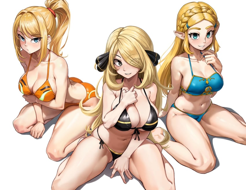 princess zelda, samus aran, and cynthia (pokemon and 4 more) drawn by laz_gm