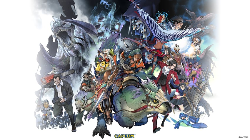 mega man, miles edgeworth, felyne, elena, m. bison, and 5 more (street fighter and 9 more) drawn by fuse_ryuuta