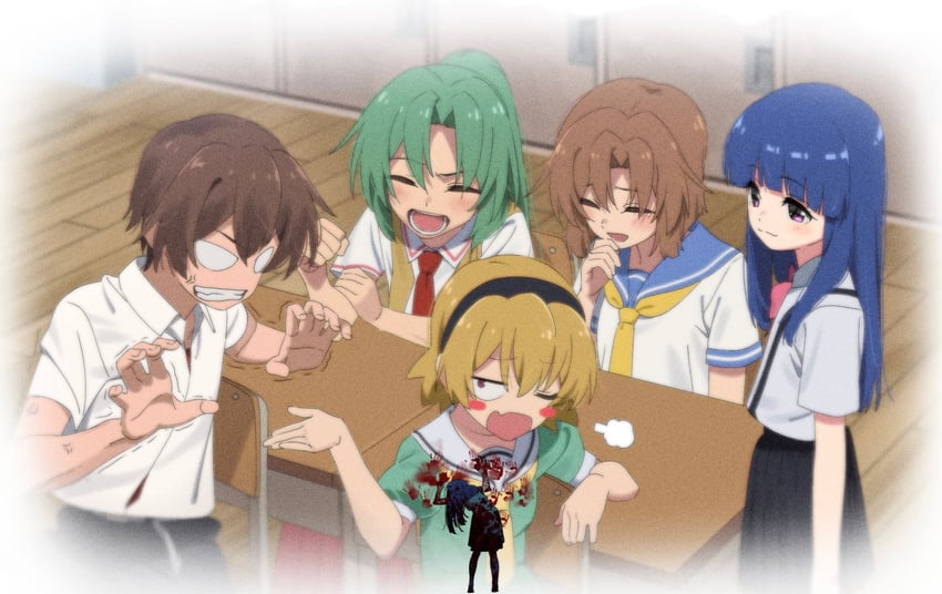 furude rika, ryuuguu rena, houjou satoko, sonozaki mion, and maebara keiichi (higurashi no naku koro ni) drawn by aru_aru