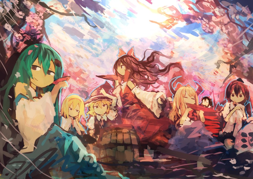 hakurei reimu, kirisame marisa, kochiya sanae, alice margatroid, shameimaru aya, and 2 more (touhou) drawn by kaamin_(mariarose753)