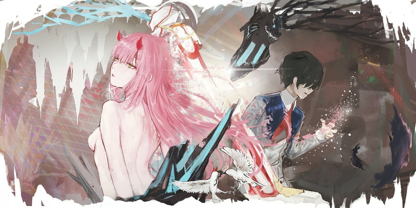 zero two, hiro, and strelizia (darling in the franxx) drawn by hei_xue