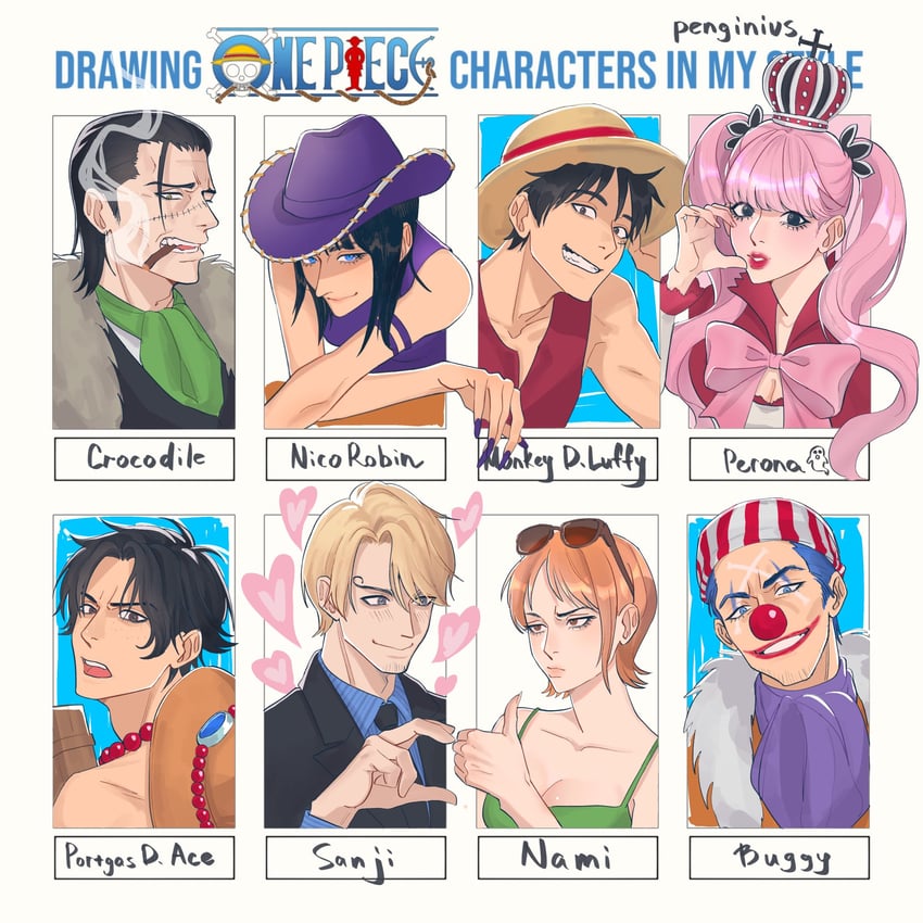 nami, monkey d. luffy, nico robin, sanji, portgas d. ace, and 3 more (one piece) drawn by penginius