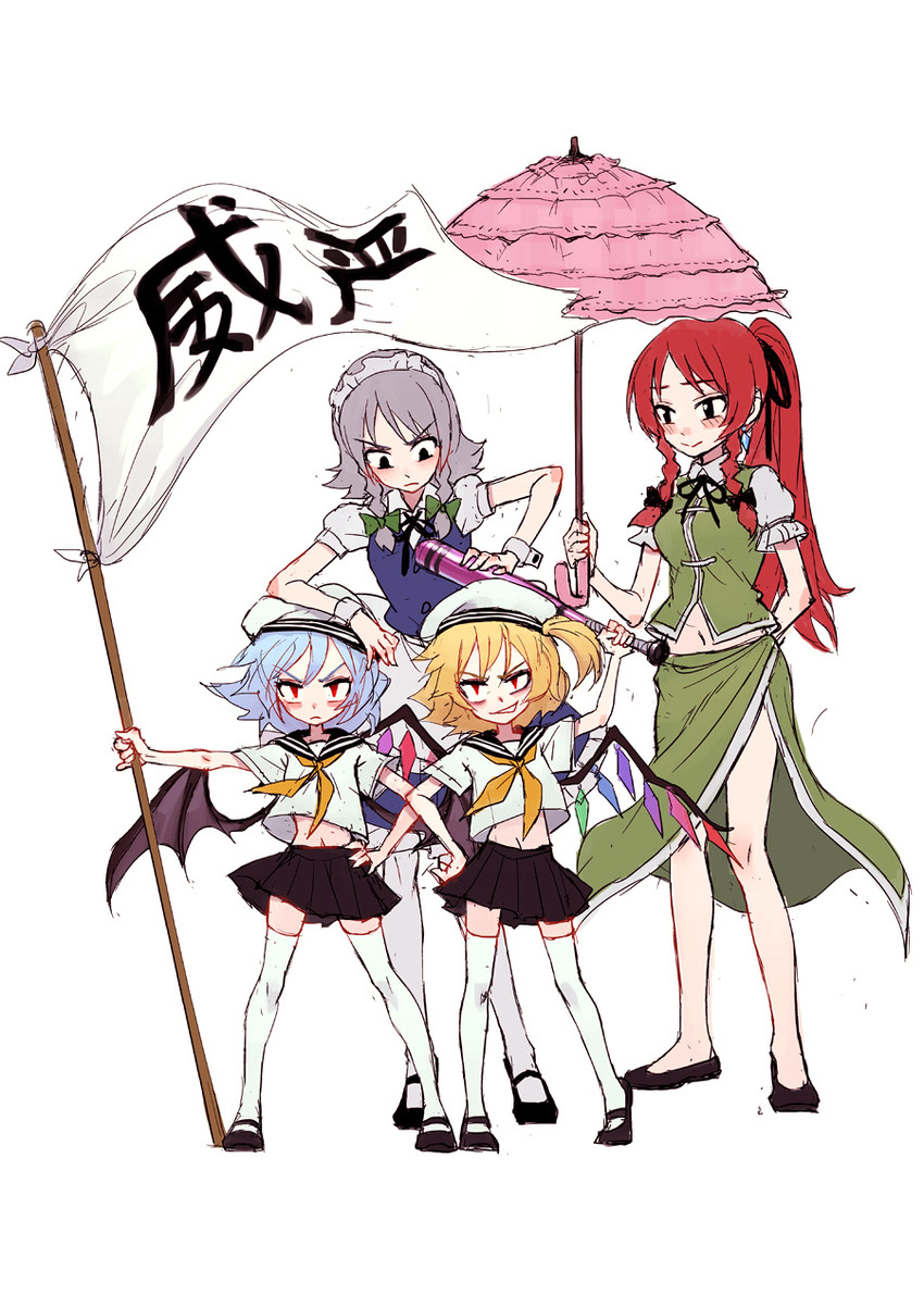 remilia scarlet, flandre scarlet, izayoi sakuya, and hong meiling (touhou) drawn by fkey