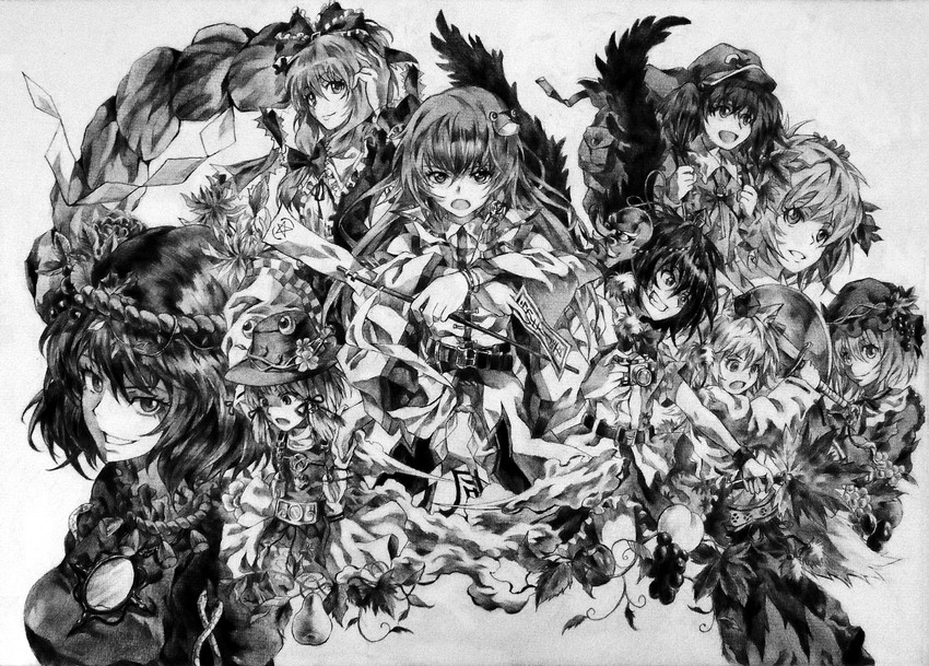 kochiya sanae, shameimaru aya, inubashiri momiji, moriya suwako, kawashiro nitori, and 4 more (touhou and 1 more) drawn by neko_(yanshoujie)