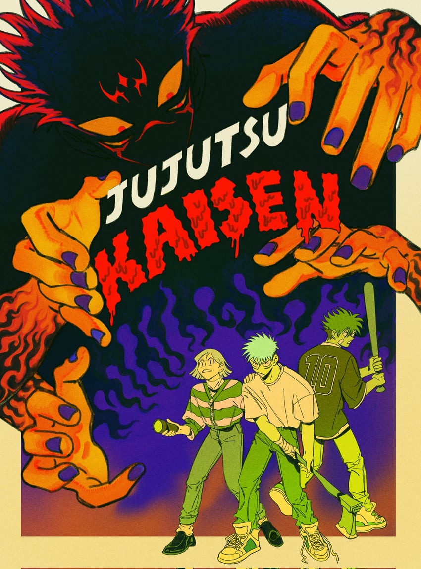 itadori yuuji, fushiguro megumi, kugisaki nobara, and ryoumen sukuna (jujutsu kaisen) drawn by joojooobox