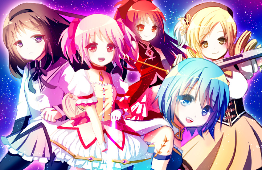 akemi homura, kaname madoka, miki sayaka, sakura kyoko, and tomoe mami (mahou shoujo madoka magica) drawn by emi-liu