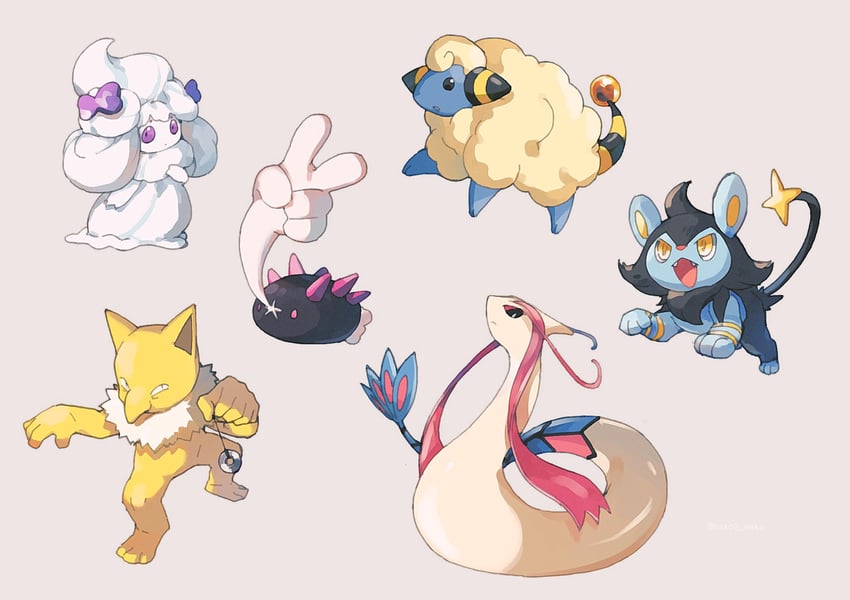 alcremie, milotic, hypno, pyukumuku, mareep, and 1 more (pokemon) drawn by tako2_eaka