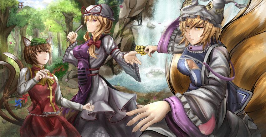 yakumo yukari, yakumo ran, and chen (touhou) drawn by hiro0626