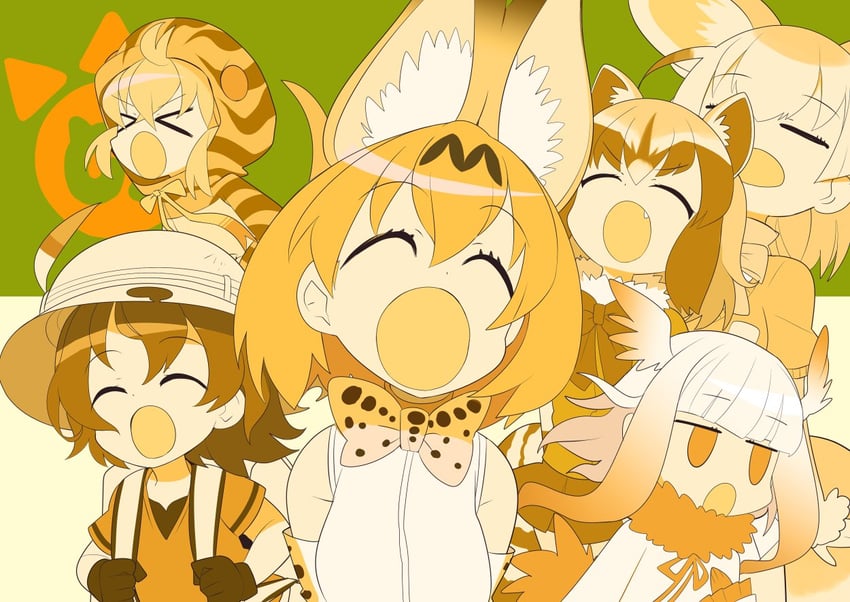 serval, kaban, common raccoon, fennec, japanese crested ibis, and 1 more (kemono friends and 1 more) drawn by hitsuji_bako