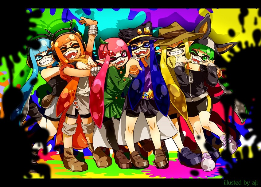 inkling player character, inkling girl, joseph joestar, kujo jotaro, kakyoin noriaki, and 3 more (jojo no kimyou na bouken and 3 more) drawn by aji_(coastal_area)