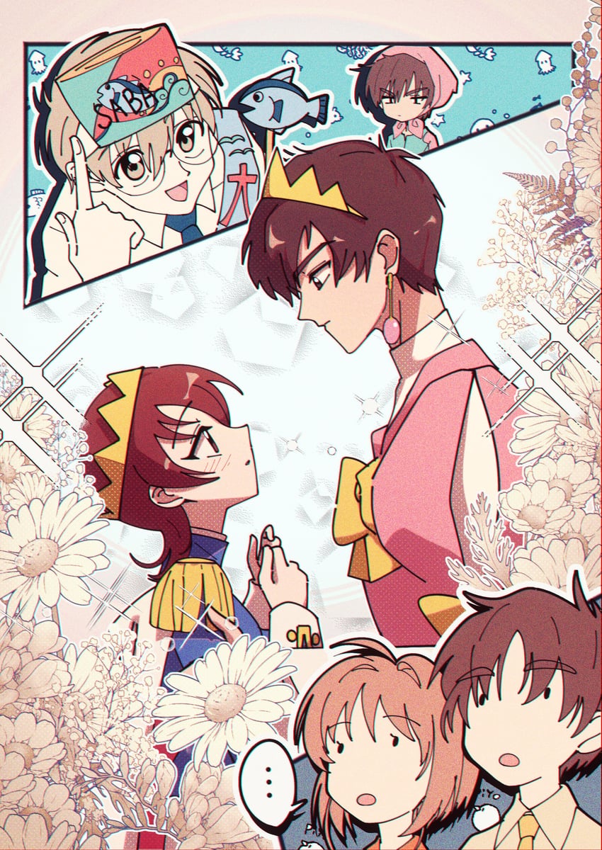 kinomoto sakura, li syaoran, kinomoto touya, tsukishiro yukito, and nakagawa youko (cardcaptor sakura) drawn by nzeneee