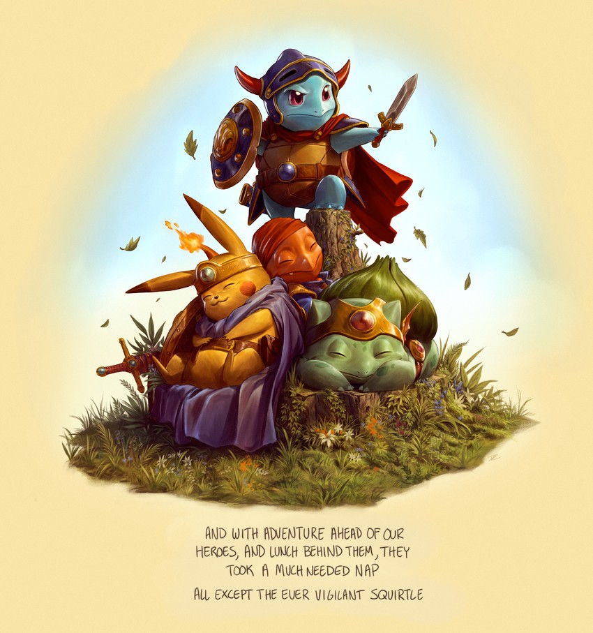 pikachu, bulbasaur, squirtle, charmander, roto, and 1 more (pokemon and 5 more) drawn by dave_rapoza
